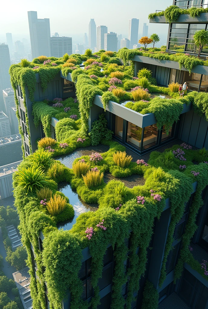 Draw an roof with plants and greenery 