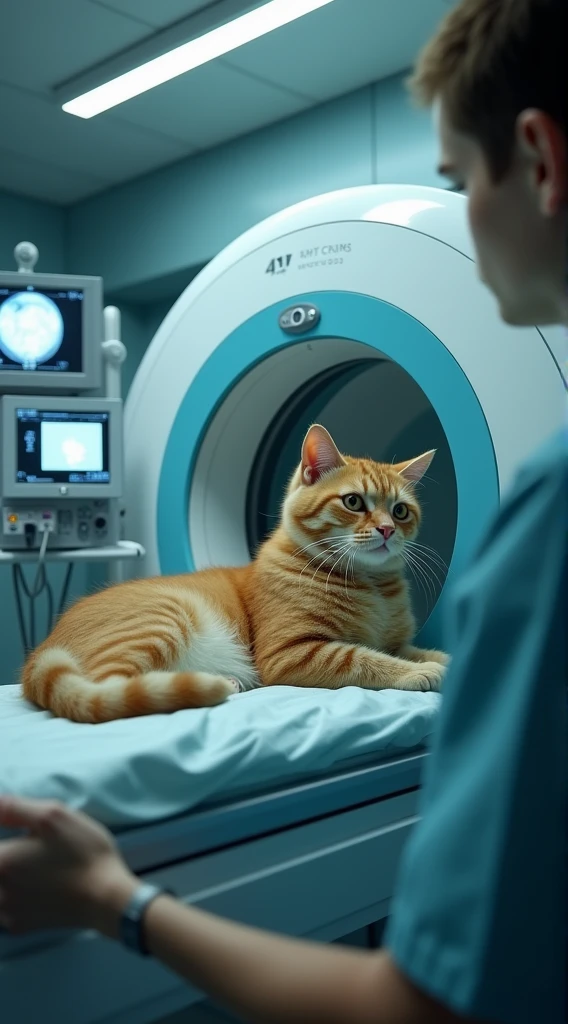 A scene where a cat is undergoing a detailed medical examination, as if it were a human. In a hospital examination room, the cat is lying down inside a CT scan or MRI machine, while medical staff carefully proceed with the examination. The cat appears slightly anxious, surrounded by medical equipment and monitors, creating a professional and clinical atmosphere. The lighting in the examination room is subdued, adding to the tension of the scene.