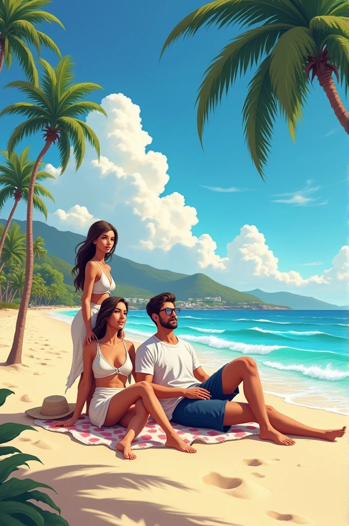 Hey man sitting on the beach and his wife and his girlfriend