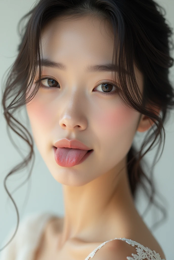 40s Japanese、Natural Skin、perfection, She has smooth skin and、She has a gentle yet provocative look..Sticking out the tongue、Design a breathtaking female close-up. Lips are soft、Slightly curved., The faint smile、It suggests something deeper, sticking out tongue、She tilts her head up, Gives a sophisticated and calm impression.. background should be white, Emphasize her elegance."tongue, Sticking out the tongue, Shortcuts、40s