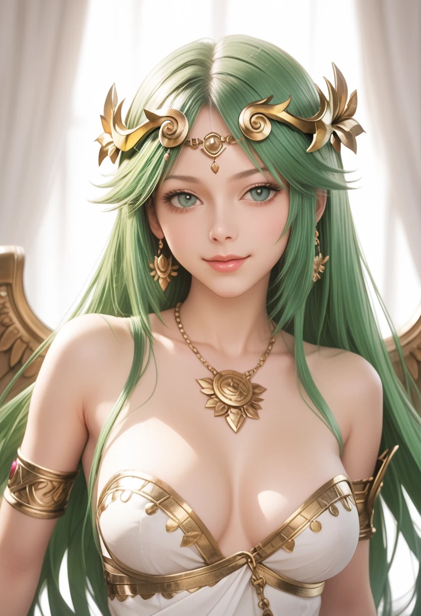 (Palutena) happy, hearts, love gaze, angel wings, grasping her breasts.