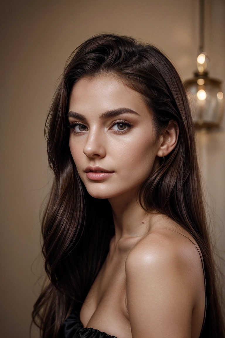 Portrait of 25yo woman, brown hair, wearing black dress, perfect eyebrow, perfect lips, perfect nose, professional color graded, wonderful woman, cute russian woman, sharp focus, long hair, pub, natural skin sharp features,model,full body image,looking in camera, natural skin sharp feature, medium breast 1.2