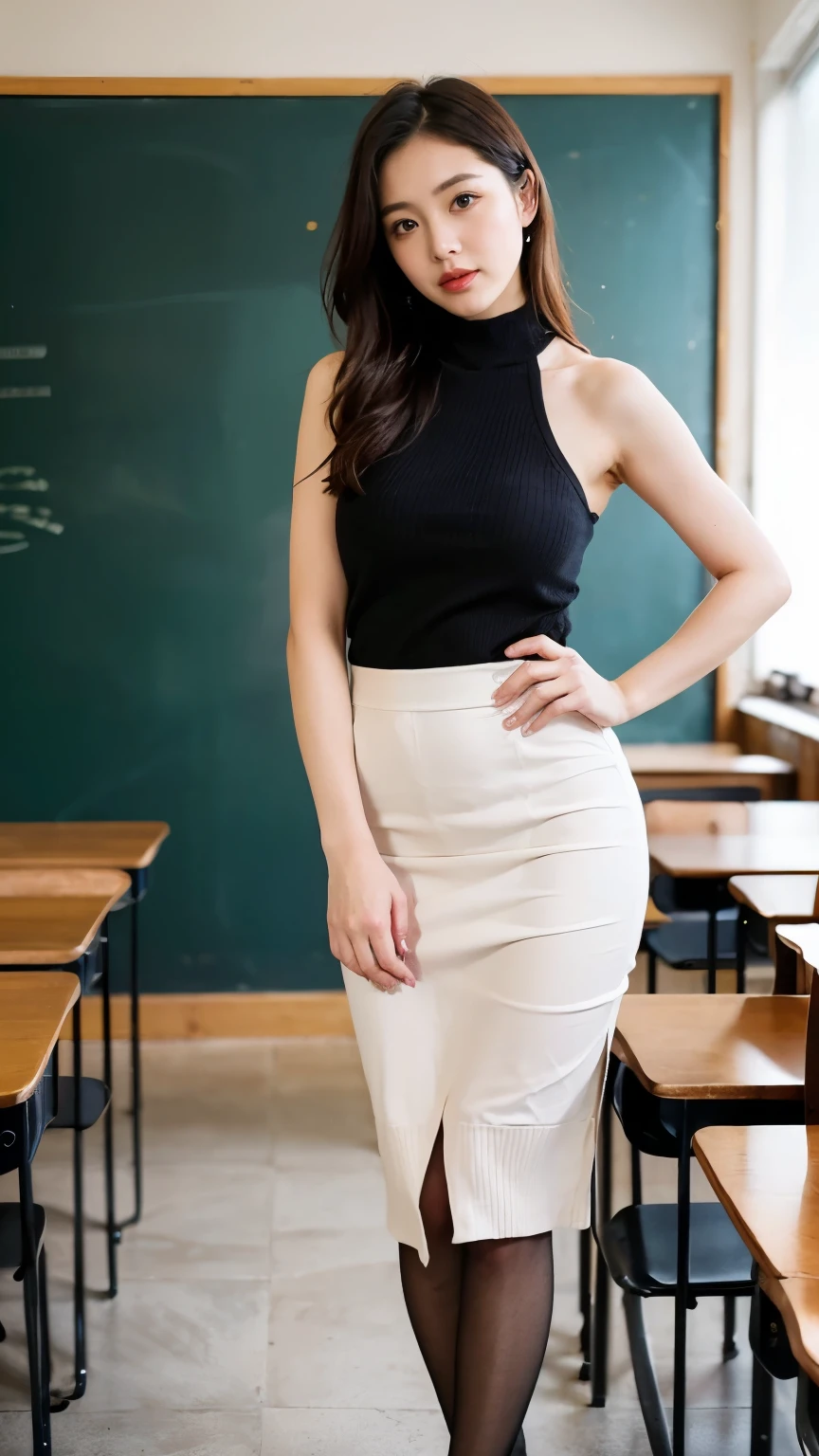 (((8k、High resolution、Highest quality、High resolution)))alone、Cute beautiful mature woman、female teacher、(Long pencil skirt、Halter Neck Summer Sweater)、(Ultra-realistic pantyhose), classroom、Are standing、Random Model Poses、Full Body Shot:1.4