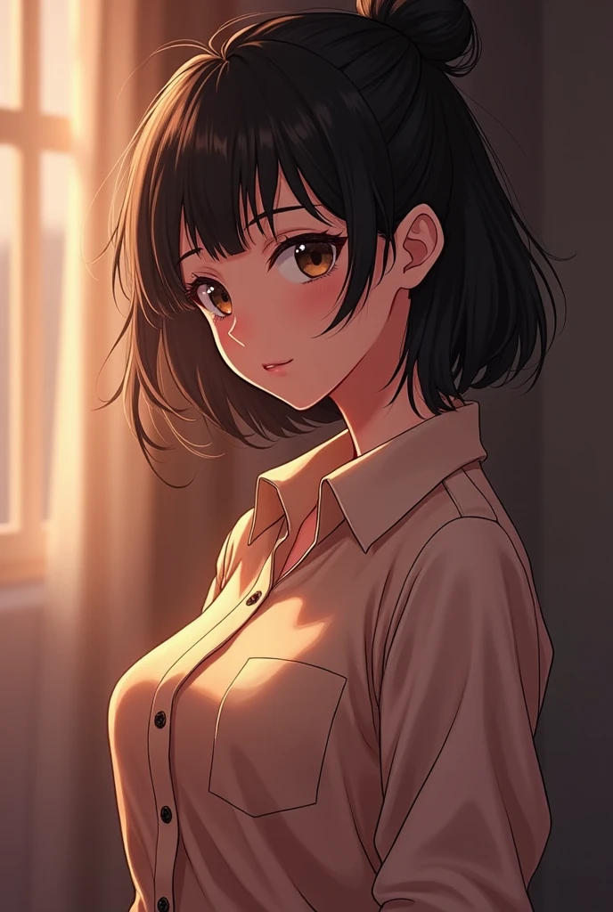 Junior high school student with a young face、Bun hairstyle、 Short Hairstyles、The eyes are large and clear、Black Hair、My shirt is about to tear、Big Breasts、Glamour thighs:1.2、satin button down shirt, Highly detailed face, double eyelid, Round face:1.2、whole body、Sexy thighs:1.2、Round face:1.3、Side Angle,Diagonal horizontal angle:1.2、Pleated exual behavior