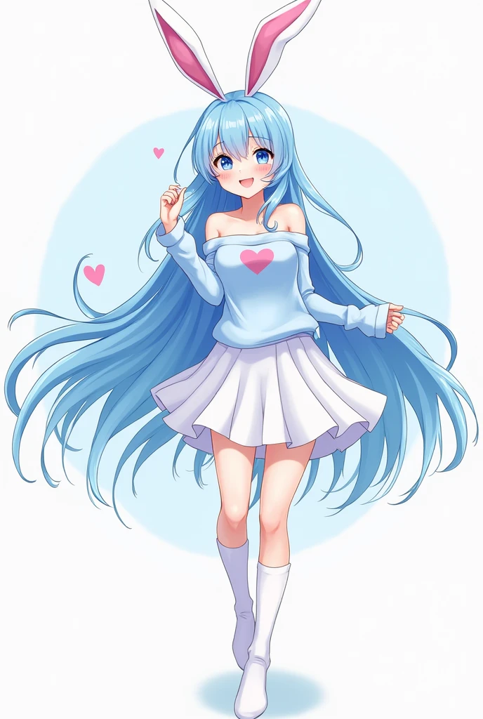 create me a picture of a big girl, and wearing a no sholder top colour light blue, and the top has a Heart on it, and she wears a white skirt till her knee, and she is wearing long whitesocks. bunny like ears and she is giving a VERYYYYYYYYYYY cute pose. and think that she is the cutest girl in the universe. Anime Style. And her hair is also blue coloured and eyes also blue. Her hair's are long