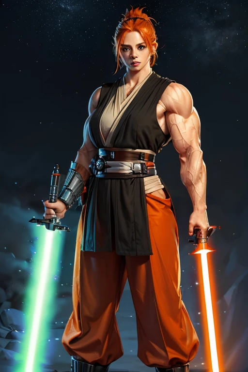 (((Massive, tall, beautiful, buff, muscular pale white skinned female Jedi with orange hair, black lipstick, ginormous bulky muscles, holding a lightsaber and wearing an all orange Jedi outfit and Jedi pants))), (close view), black eyeliner, massive muscles, massive biceps, hyper muscle triceps, (long shaggy hair), green eyes, Jedi boots, In space, Jedi outfit, Jedi pants, nighttime, confident smile, hyper muscles arms, hyper muscle legs, (massive arms)