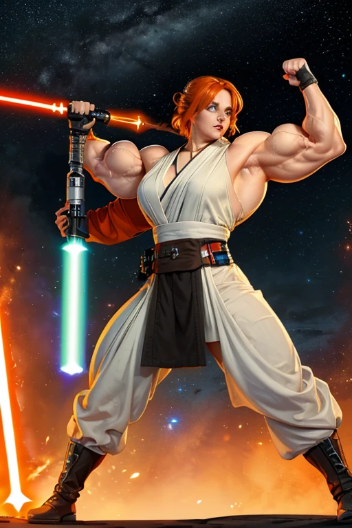 (((Massive, tall, beautiful, buff, muscular pale white skinned female Jedi with orange hair, black lipstick, ginormous bulky muscles, holding a lightsaber and wearing an all orange Jedi outfit and Jedi pants))), (close view), black eyeliner, massive muscles, massive biceps, hyper muscle triceps, (long shaggy hair), green eyes, Jedi boots, In space, Jedi outfit, Jedi pants, nighttime, confident smile, hyper muscles arms, hyper muscle legs, (massive arms)