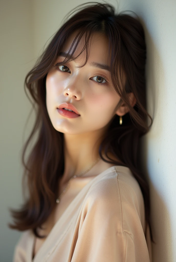 high resolution、A transparent Japanese woman、Ima-ish、Elegant、White Shirt、looking at the camera、body is angled、smile、Moist and shiny hair、Thready hair、cute、Brown Hair、Beautiful young woman who looks like a model、Leaning against a wall、Big eyes、Glossy makeup、Outline of an inverted triangle、Pulp lips、face is slanted45Every time、Straight hair that fits the face、The tips are heavy、Beige short-sleeved sheer top that covers the chest、Hide your chest、Attractive features、Big eyes、Beautiful woman、Single gold earrings、Diagonal bangs、Side-parted bangs、Beautiful like a celebrity、Smooth inward curls、Thin bangs between the eyebrows、