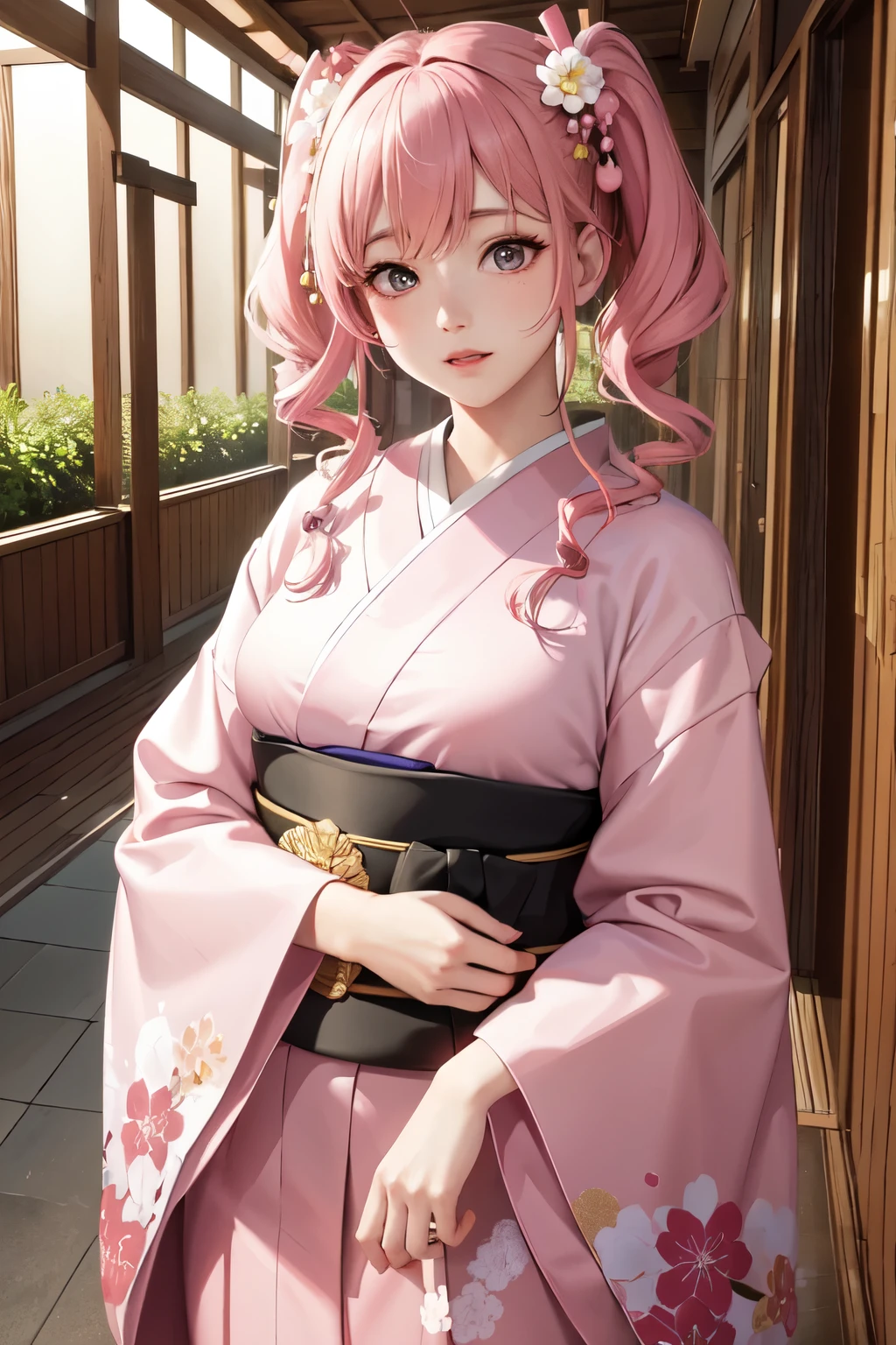 masterpiece, Highest quality, Very detailed, High resolution, expensive resolution, High resolution, 4K, 8k, Unity 8k wallpaper, Extremely detailed CG, masterpiece, 2D, 3d, Beautiful details, depth, Fine texture, Highest quality: 1.3, Perfect focus, Crispy skin, he, Very cute anime, wearing a Japanese fancy floral haori hakama, expensive pink twin tail hair, , looking at the viewer, expensive, blush, Mole, Open your lips, Pink Eyes,an anime girl with pink twin-tailed hair wearing a Japanese kimono a,Love horoscope,mysterious,front,Looking at this,spiritual, Lots of flowers behind, many flowers behind