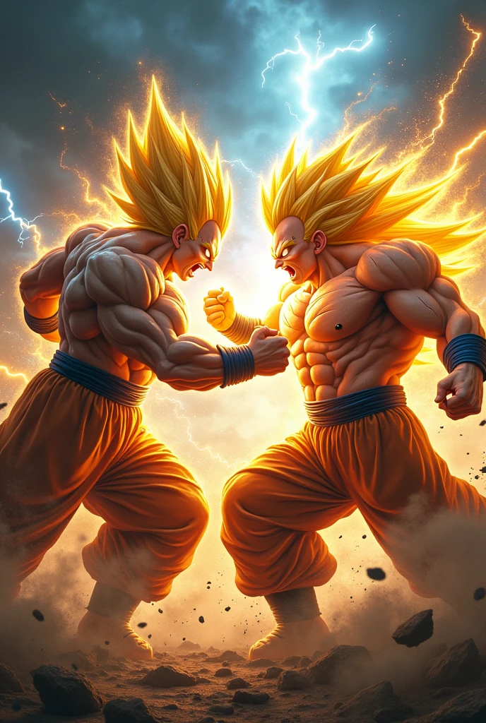 Two muscular super Saiyan punch each others