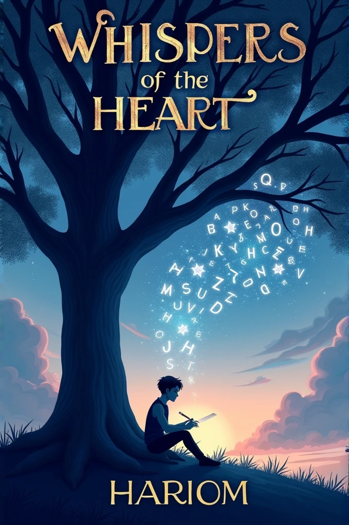  A dreamy, ethereal cover featuring a 1 guy sitting under a large tree, lost in writing a letter under a sky filled with stars. The letters seem to float up, turning into stars, symbolizing thoughts reaching the universe. The color scheme is a mix of twilight blues and gentle purples. The title "Whispers of the Heart" appears in an elegant font at the top, with "Hariom" at the bottom.