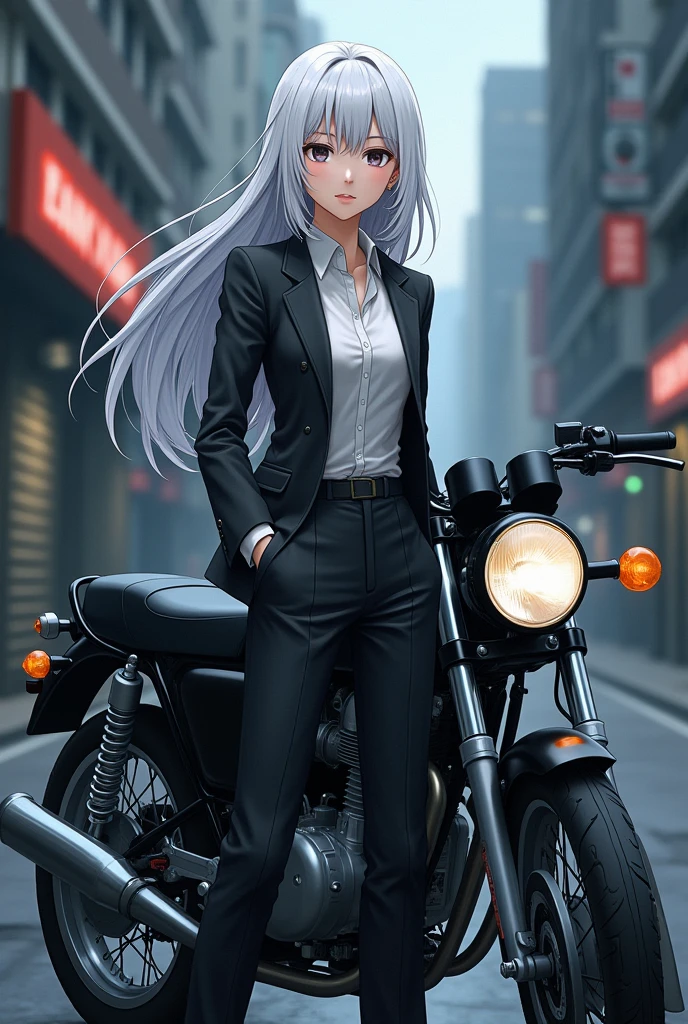 A white-haired, dark-gray-eyed anime girl with a ponytail wearing a detective outfit is standing next to a motorcycle.