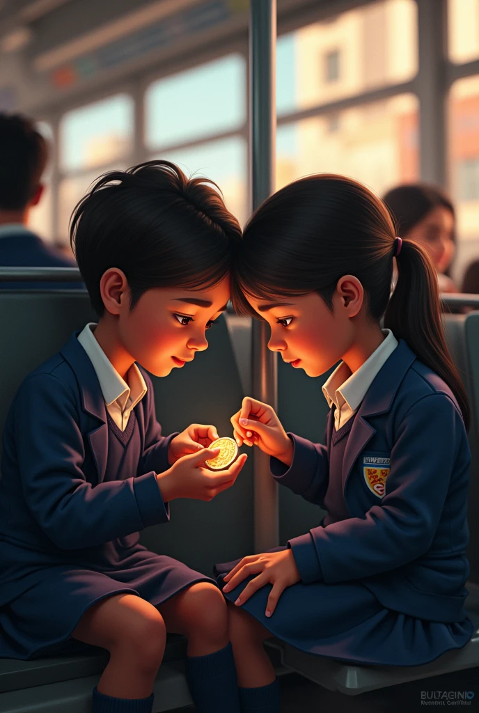 Young Peruvian boy in uniform sits next to a Peruvian girl student in school uniform on the bus looking at her coin
