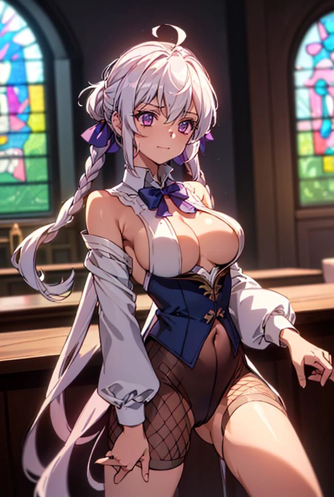 ((masterpiece)), ((Best quality)), (high resolution), (illustration), (an extremely delicate and beautiful), (ultra detailed beautiful face and eyes), nsfw, 1girl, leaning forward, YukineChris, long hair, purple eyes, twintails, low twintails, ahoge, large breasts, fishnet pantyhose, red a bow tie, volumetric lightning, detailed skin texture, detailed, volumetric shadow, anime screencap,Highest quality, Sorceress, ancient babylonian nobility, ((tan skin:1.2)), (brown skin color),Long hair, twin braids, hair ornament, wine colored hair, smile, Below average size breasts, bare shoulders, (underboob:0Nudes、Your clothes are torn、Are sleeping、Spread your legs、Red Dress 8K, masterpiece, Best_quality, high_resolution, ultra_details, detailed, 1girl, 独奏, looking_at_viewer, upper_body, indoors, braid, blurry, bangs, white_hair, blurry_background, collared_shirt, church, hair_ribbon, hair_between_eyes, stained_Glass, Blue_ribbon, sidelocks, depth_of_field, light_particles, window, french_braid, Alphonse Mucha Style, sharp focus, perfect hands, perfect face, perfect eyes, perfect light, dynamic light, natural light, Masterpiece, Best quality,