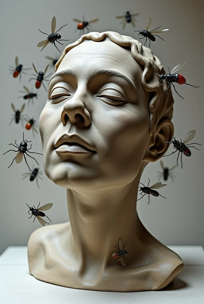 Create a sculpture with the design of Colombian sculptors that represents the saying "flies don't enter closed mouths." Make a person with a closed mouth and flies or insects around it.