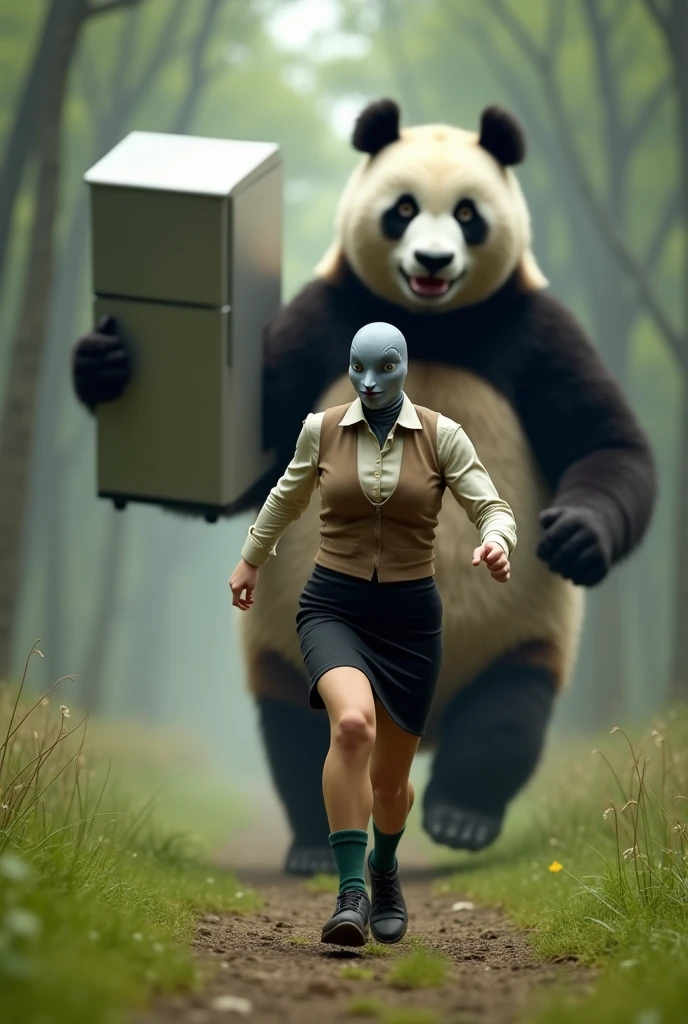 ((Highest quality)), ((Woman with a pigeon head)), ((Giant panda holds up a refrigerator with both hands)), (Angry Giant Panda), Giant panda holds up a refrigerator with both handsが後ろから追いかけてくる, A woman with a grey pigeon head is running as fast as she can to escape a giant panda, A grey pigeon-headed woman is wearing an off-white collared short-sleeved shirt, a light brown vest, a knee-length black skirt, dark green socks and black shoes., Muscular grey pigeon-headed woman, The background is a grassy forest, Photorealistic images,