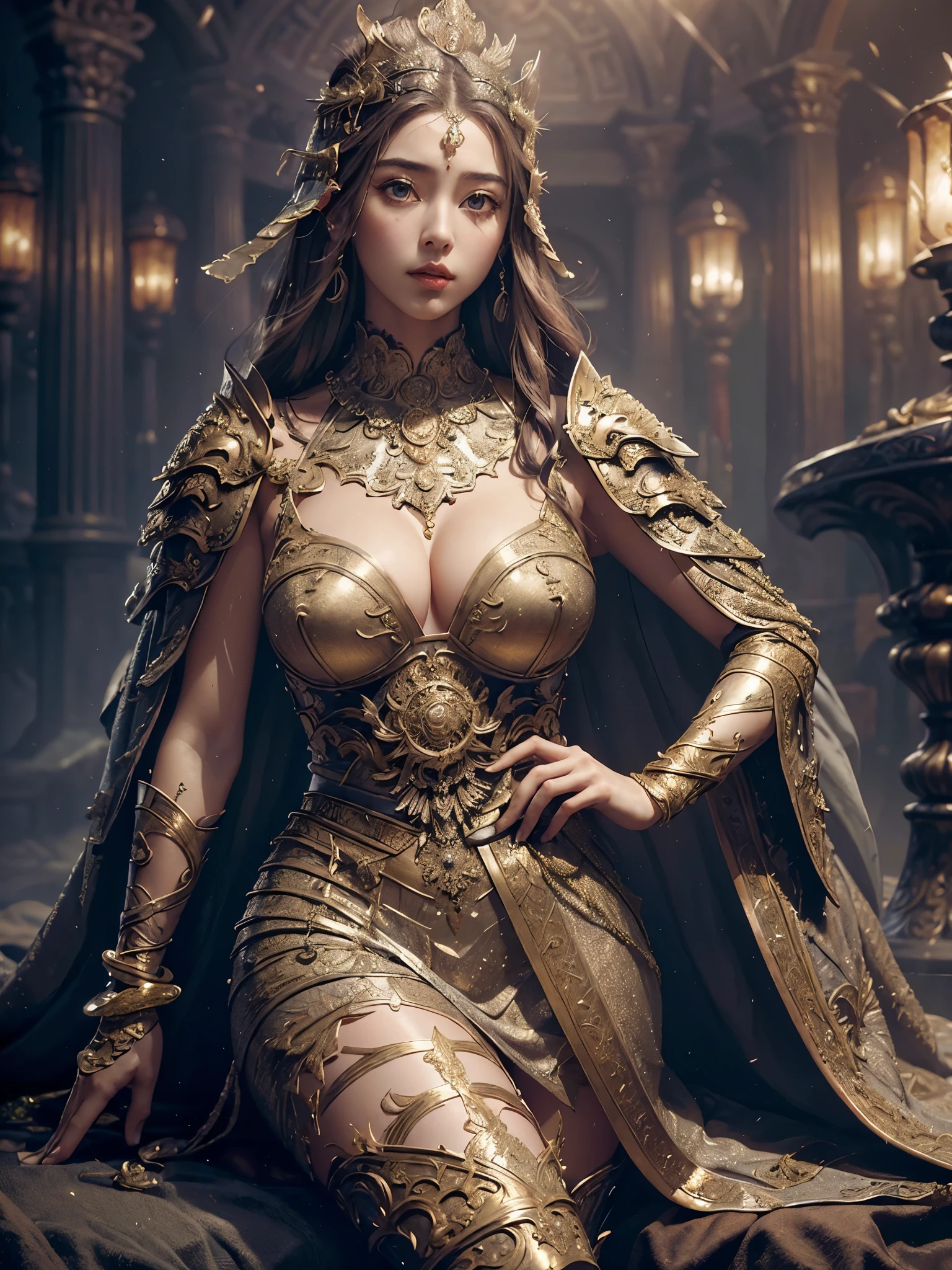 (masterpiece, world art piece, best quality, ultra-detailed, ultra-realistic), (highly detailed CG illustration), cinematic light, photorealistic ,extremely beautiful and seductive young lady, seductive feminine makeup, large breasts, intricate detailed eaba, silver cape, twin blade