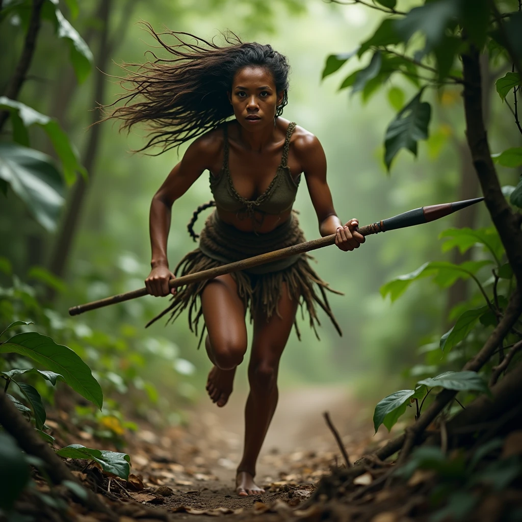 A fierce jungle huntress with bronzed skin and wild, tangled hair, dressed in a minimal outfit made of animal hides, sprinting through the dense rainforest with a spear in hand. The background is a blur of green foliage and exotic wildlife as she chases her prey. High-speed photography, high resolution, high detail, full-body shot, vibrant green and earthy tones, epic, movie poster style, adventure action film, hyper-realistic, natural lighting, intense and primal.