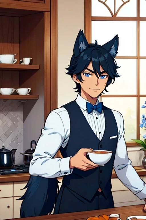 Perfect face. Perfect hands. A handsome black haired man with blue eyes and dark blue wolf ears and a dark blue wolf tail in a butler's uniform is smiling while making tea in a fancy kitchen