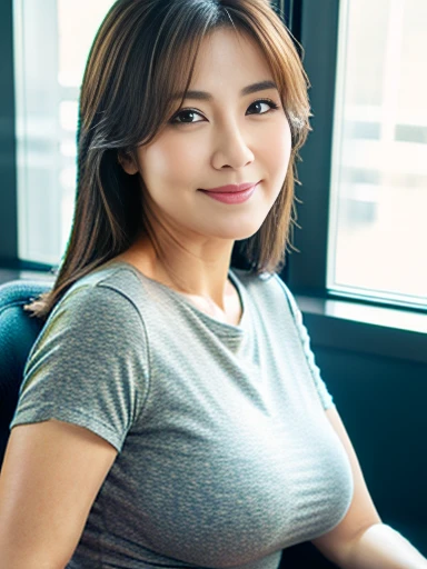 Highly detailed face and skin texture, Fine grain, Photorealistic rendering, Subsurface scattering, High-resolution facial features, Micro skin details, Natural skin tones, Soft shadows and highlights. Sitting on an office chair, facing the camera with a kind smile, looking towards the right, Japanese mature gravure idol ,very voluptuous body with big breasts and hips, double eyelids, mature and attractive middle-aged woman. Brown medium-length hair, tight skirt that hugs the hips, wearing a brown tight T-shirt