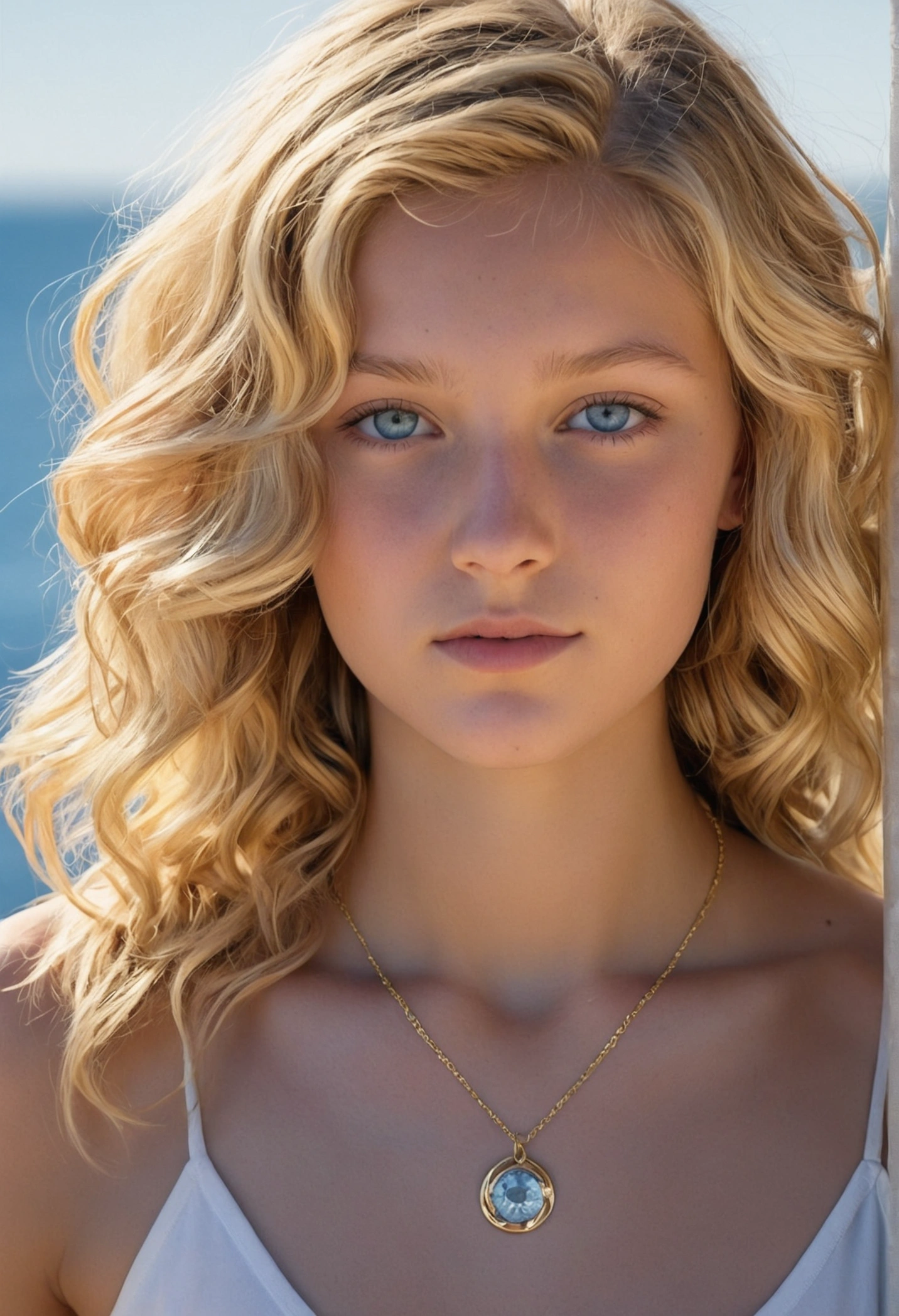 (photorealism:1.2), 4 beautiful young looking girls, nude , wavy blonde hair, small breasts, slim, skinny body ,sunburnt skin, 2 small gold necklace , light blue eyes ,
Full frontal photo, wide view