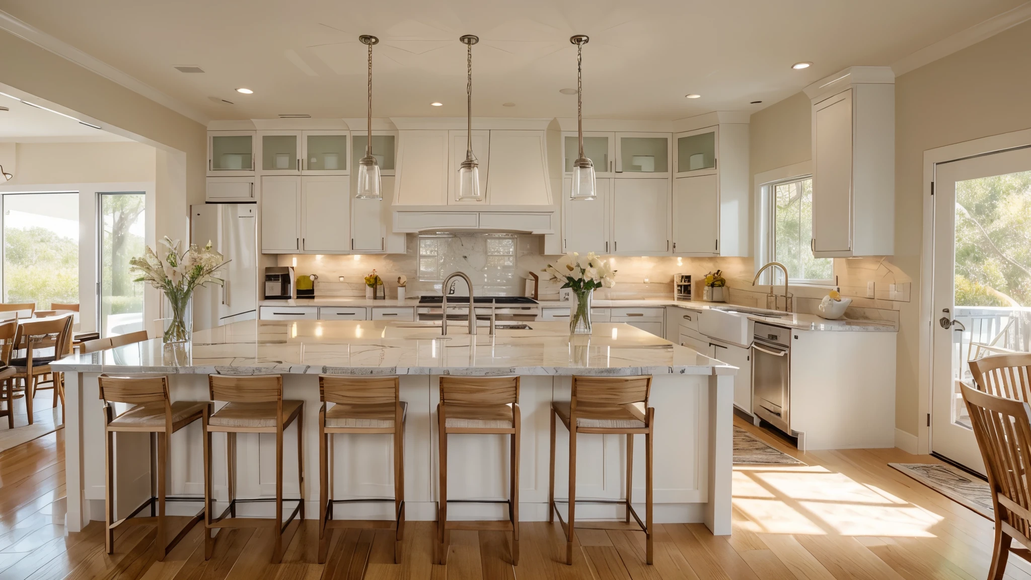 A cozy, modern kitchen with a neutral color palette, featuring white cabinetry, marble countertops, and light wood accents. The central island has a wooden base and is paired with four light-colored stools. Elegant pendant lights hang above the island, casting a warm glow. The backsplash is composed of small, neutral-toned tiles, and a large vase with flowers sits on the island, adding a fresh touch. The kitchen has a clean, airy feel, with natural light streaming in from large windows