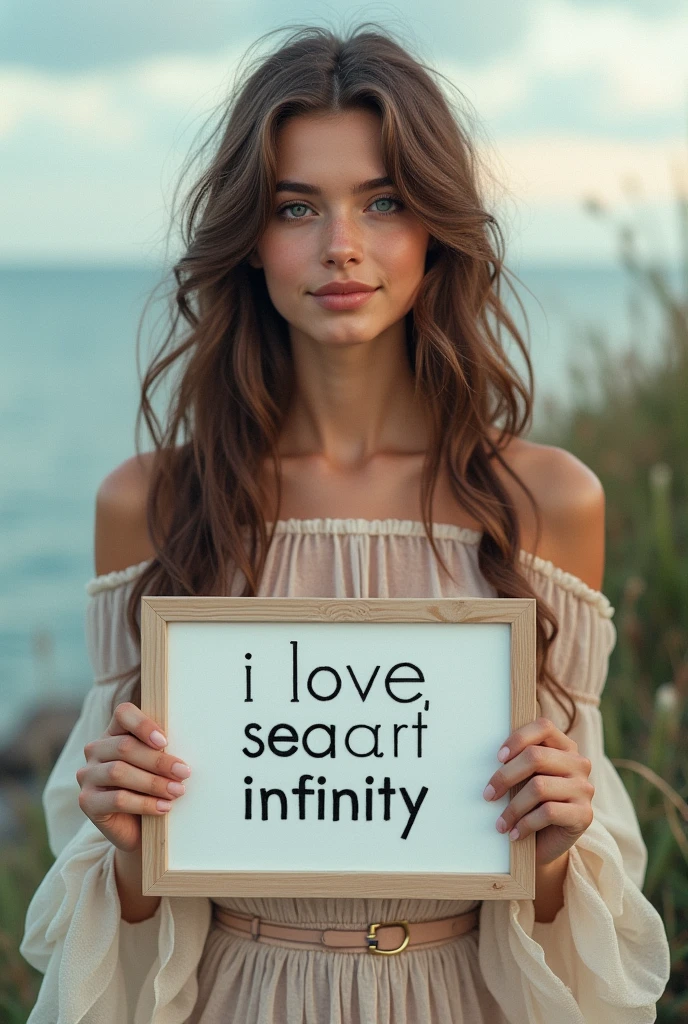 Beautiful girl with wavy long hair, bohemian dress, holding a white board with text "I Love Seaart Infinity" and showing it to the viewer
