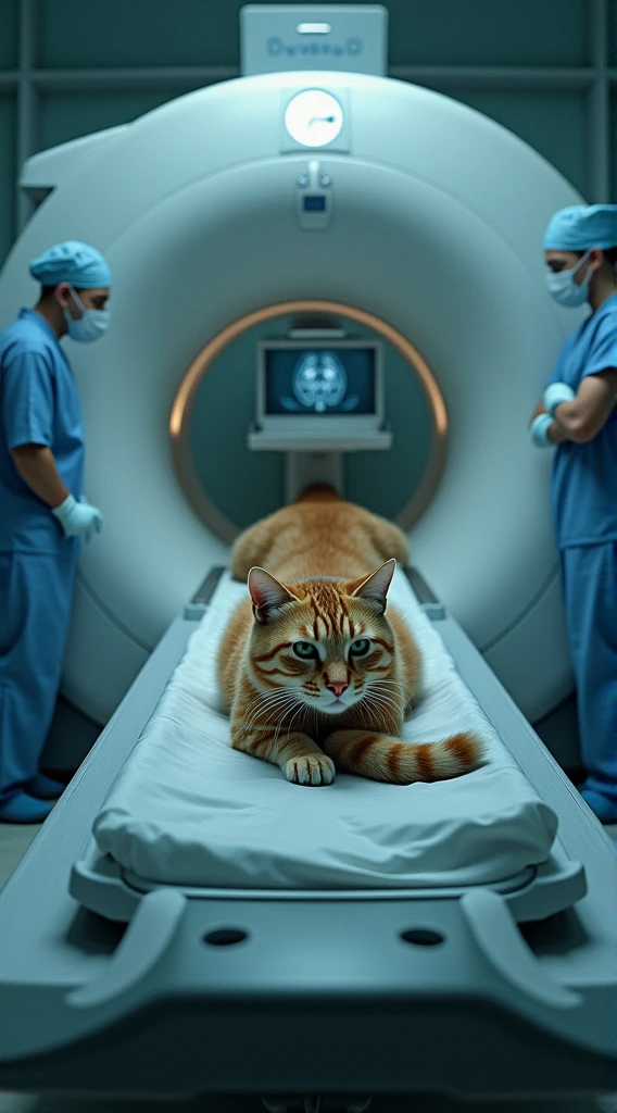 A scene where a cat is undergoing a detailed medical examination, as if it were a human. In a hospital examination room, the cat is lying down inside a CT scan or MRI machine, while medical staff carefully proceed with the examination. The cat appears slightly anxious, surrounded by medical equipment and monitors, creating a professional and clinical atmosphere. The lighting in the examination room is subdued, adding to the tension of the scene.