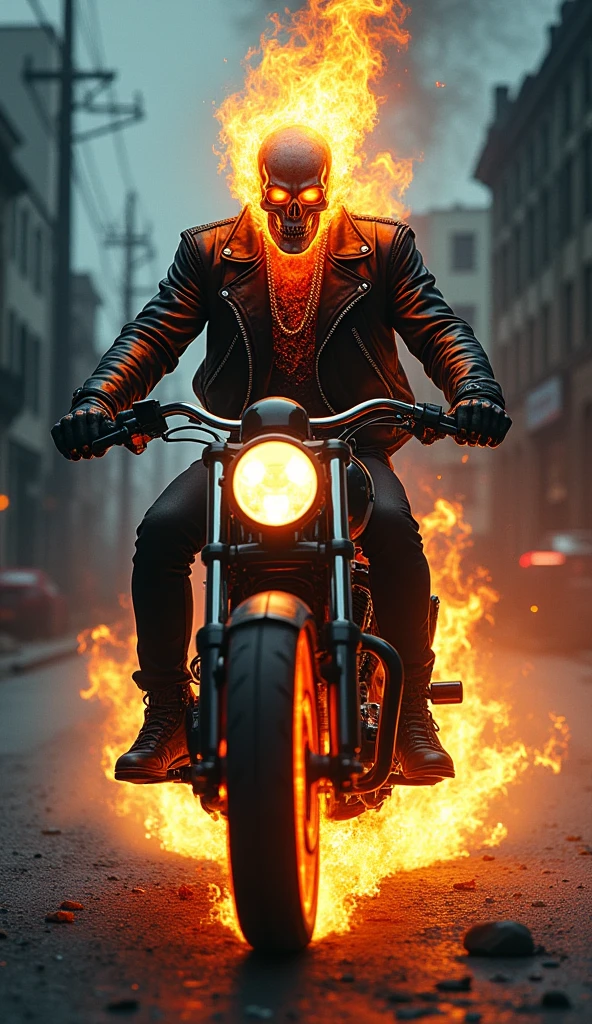 Ghost Rider roars through a desolate, moonlit street, his flaming skull illuminating the night with a haunting, fiery glow. Clad in a tattered leather jacket adorned with chains that crackle with infernal energy, his eyes blaze with a mix of fury and sorrow. The motorcycle’s wheels blaze trails of fire, echoing the wrath and justice that drive him. His skeletal face, etched with eternal torment, reflects both the agony of his cursed existence and the relentless pursuit of redemption. The scene is a powerful embodiment of vengeance and anguish, capturing the essence of a soul trapped between damnation and a quest for justice.