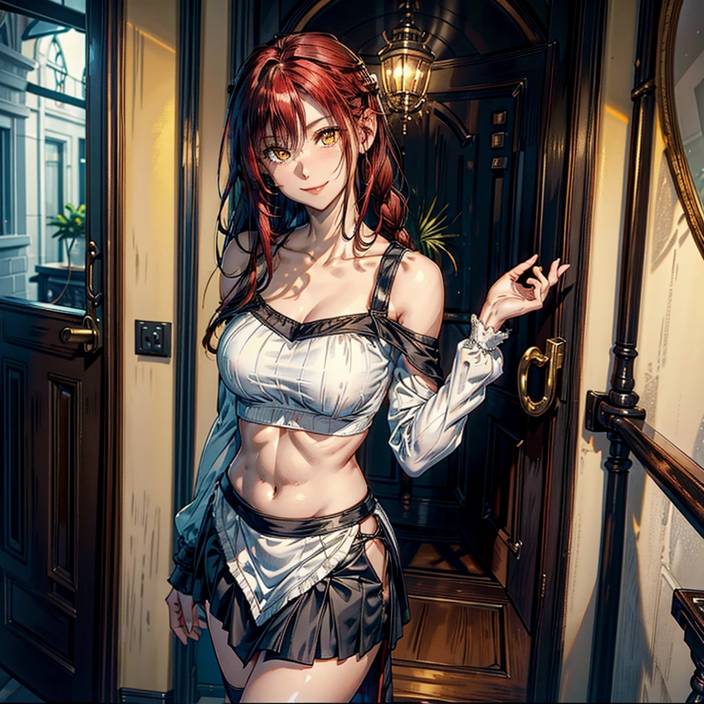 women, natural redhead, by the wide, 2 braids, Whole body, standing, short black skirt, white sheer long sleeve off shoulder blouse, yellow eyes, chest a little big, Leaning on the entrance of a door, View up, flirtatious smile, mischievous smile.