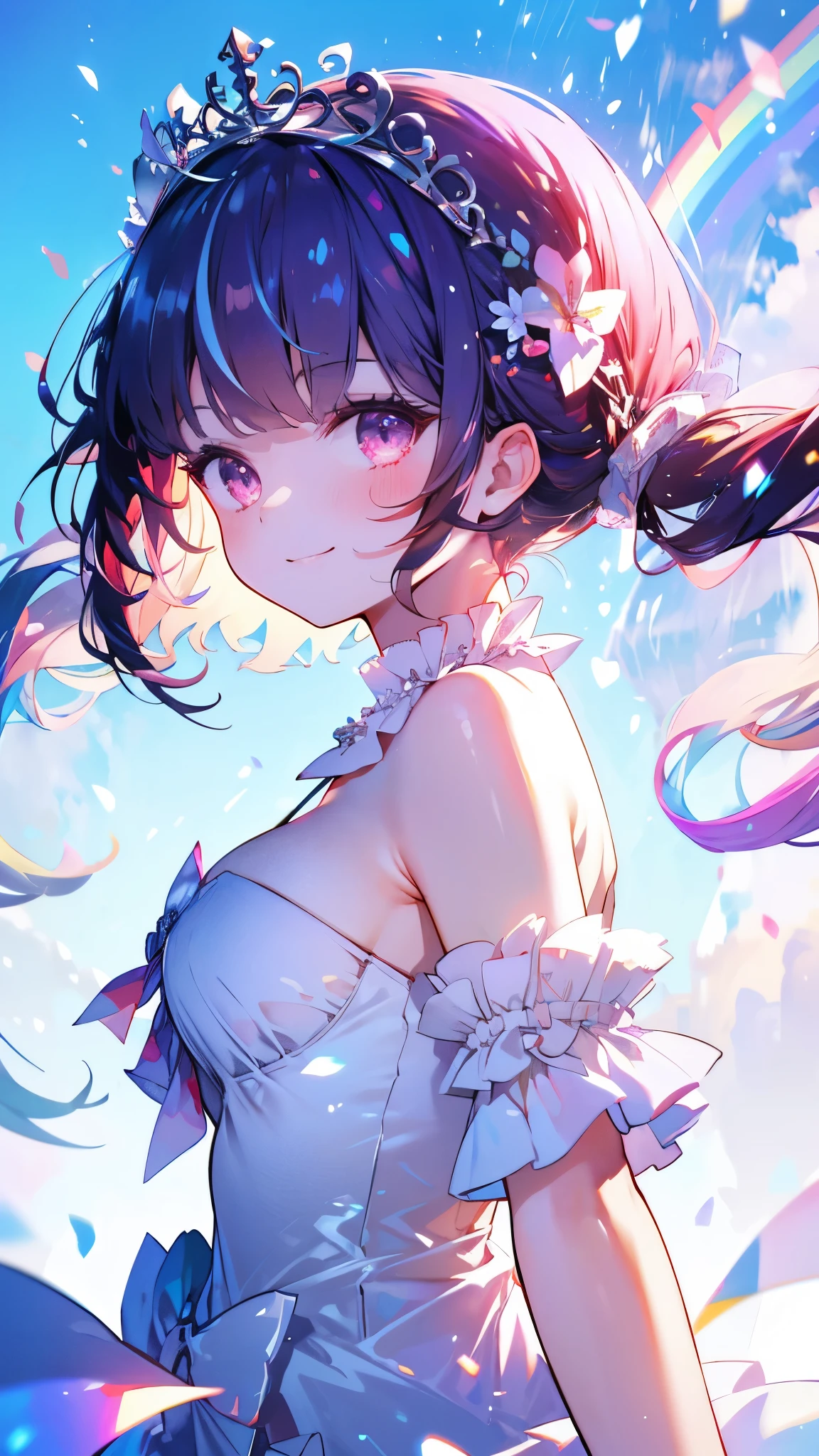 (Highest quality:1.2), (Very detailed:1.2),(masterpiece:1.2),(8k:1.2),(Blessed,Captivating body、Very beautiful eyes、Very detailed肌、Very detailed顔,Detailed Background), ffaqua, twintails, drill hair, tiara, white dress, white gloves,(summer background,Blue Sky background,rainbow:1.3),(The best smile:1.2)、take a mike,on idol stage,singing,