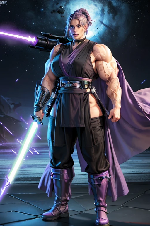 (((Massive, tall, beautiful, buff, muscular pale white skinned female Jedi with violet purple hair, black lipstick, ginormous bulky muscles, holding a lightsaber and wearing an all violet Jedi outfit and Jedi pants))), (close view), black eyeliner, massive muscles, massive biceps, hyper muscle triceps, (long hair with long bangs), black eyes, Jedi boots, In space, Jedi outfit, Jedi pants, nighttime, confident smile, hyper muscles arms, hyper muscle legs, (ginormous arms)