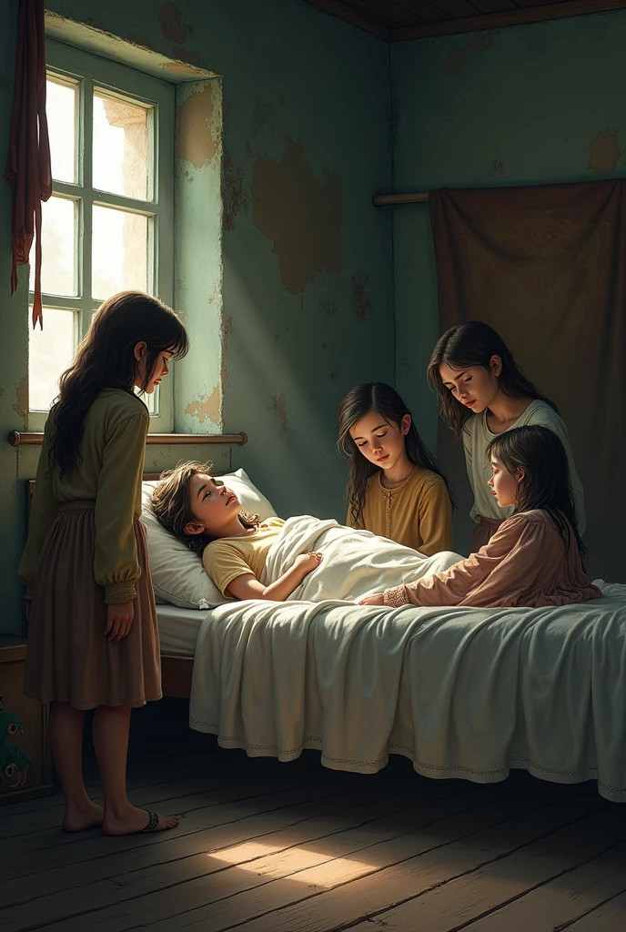 a sick mother sleeping on a bed in a room surrounded by her 3 daughters with a poor fantasy background

