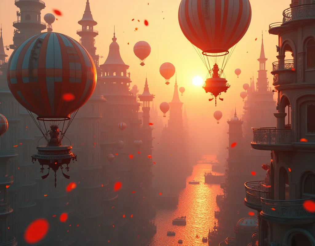 Drone-style aerial shot of a surreal city suspended in the air at sunset, with buildings that look like giant balloons. Residents travel in airships and the streets are filled with sparkling confetti..