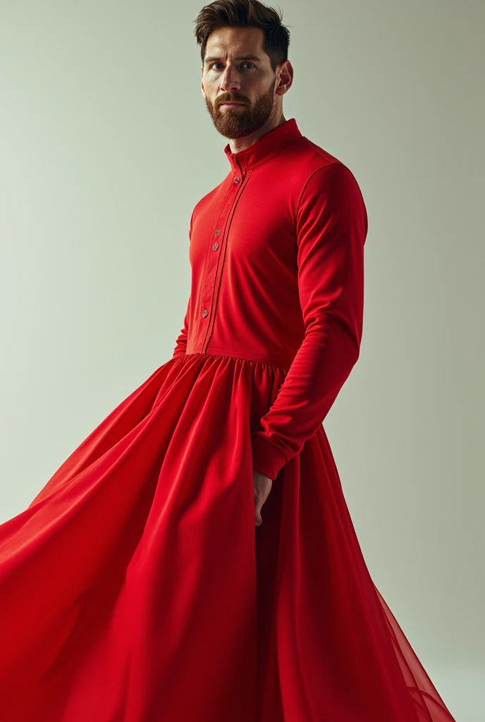 Messi is wearing red dress.