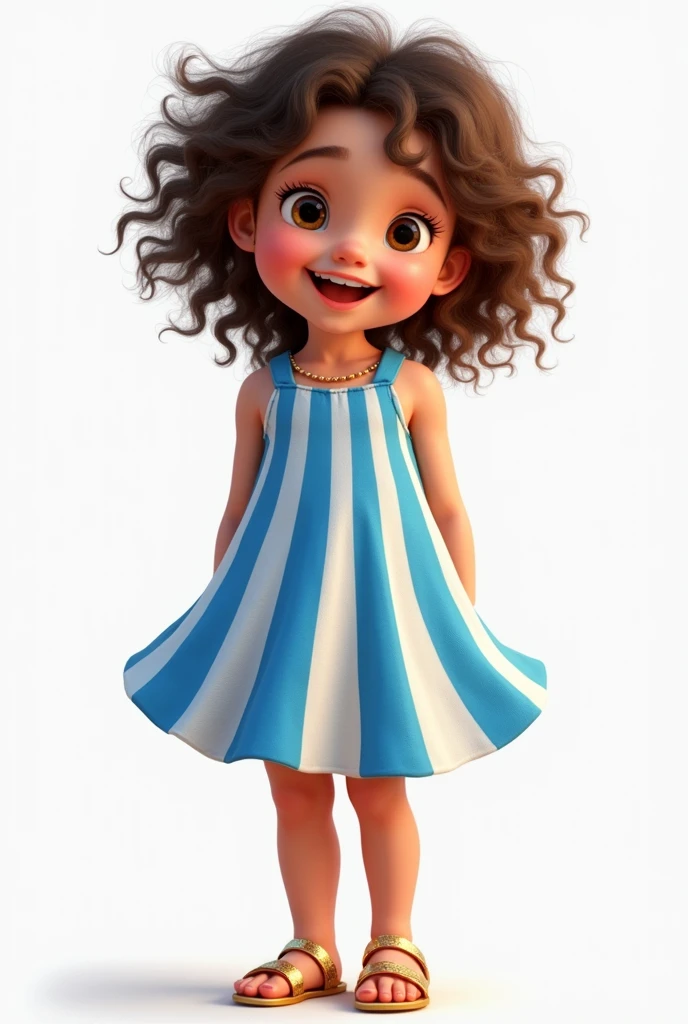 child , dressed in a blue and white vertically striped dress, curly hair and wearing gold sandals