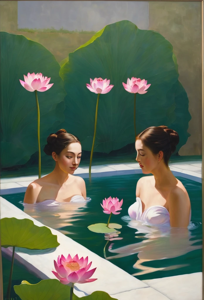 
Oil painting of three women with European faces bathing in a pool. Long-stemmed lotus The short stem has multiple layers of pink and white lotus flowers. The atmosphere is fun, shy and secretive.