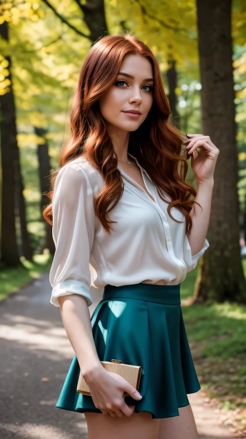 Realistic full body photo of a smiling, Young red-haired woman with long hair, She dances in front of the camera in a silk blouse with a blue skirt..., Park,glamour fotoshooting, Park, perfect anatomy, perfect green eyes. Perfect hands with 5 fingers on each hand, Matching girl, look into the camera, 1 Frau. (Eye make up:1.1), (highly detailed skin:1.1), spirit, analog style, keen focus, 8K UHD, dslr, good quality, Fujifilm XT3, Grain, Award-winning, masterpiece. Park