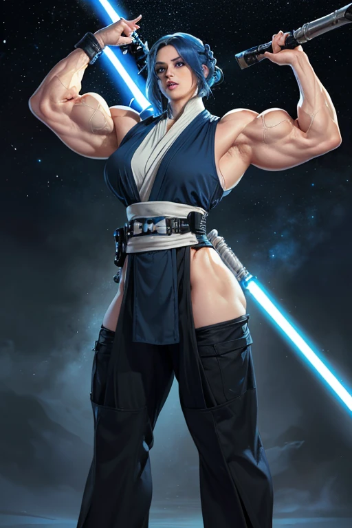 (((Massive, tall, beautiful, buff, muscular pale white skinned female Jedi with royal blue hair, black lipstick, ginormous bulky muscles, holding a lightsaber and wearing an all royal blue Jedi outfit and Jedi pants))), (((close view))), black eyeliner, massive muscles, massive biceps, hyper muscle triceps, (long curly wavy hair), white eyes, Jedi boots, In space, Jedi outfit, Jedi pants, nighttime, confident smile, hyper muscles arms, hyper muscle legs, (ginormous arms)