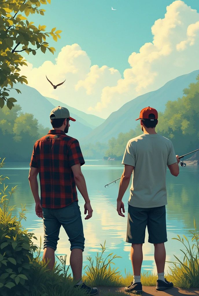 Two male friends fishing on a beautiful body of water