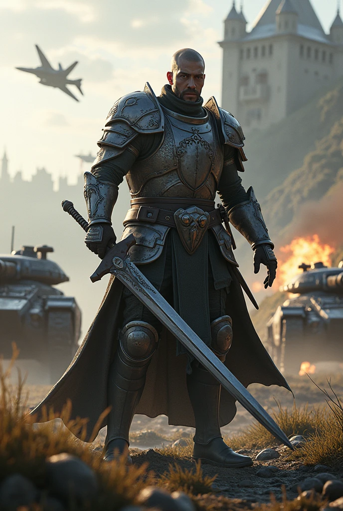 Warden from for honor fighting against multiple modern armies with a shiny sword, in a modern battle battlefield infront of a big georgian castle, grass and stones on the ground, grenade explosions in background, modern F15 planes are flying on the sky, tanks on the background, armies with futuristic guns fighting in the background, puddles on the ground, before dawn time, dark fantasy movie style, dark cinematic movie luts, 4k, rtx, photorealistic, fantasy, ((best quality)), ((masterpiece)), (detailed), perfect face