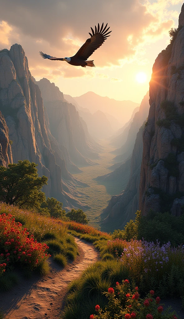 A vast canyon with towering rock formations on either side, a winding path through a vibrant flower meadow, with its back to the camera, an eagle soars over the canyon, looking toward the horizon, moving forward toward the horizon, cinematic lighting, dramatic shadows, highly detailed, photorealistic, 8K, lush foliage, golden hour, volumetric lighting, dramatic clouds, aerial view, sense of scale, intricate detail, serene atmosphere, breathtaking landscape