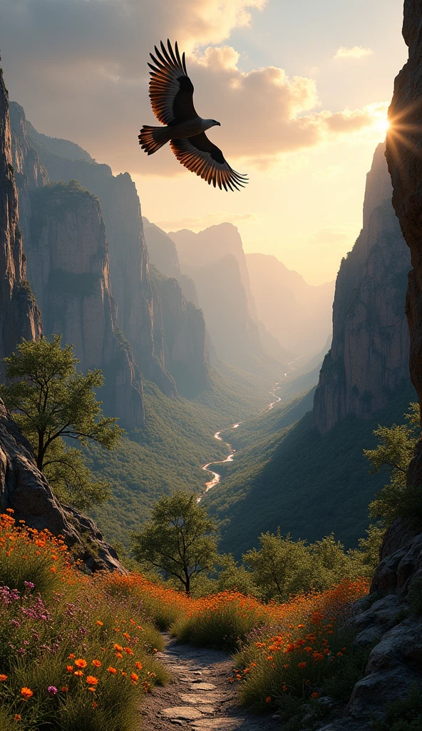 A vast canyon with towering rock formations on either side, a winding path through a vibrant flower meadow, with its back to the camera, an eagle soars over the canyon, looking toward the horizon, moving forward toward the horizon, cinematic lighting, dramatic shadows, highly detailed, photorealistic, 8K, lush foliage, golden hour, volumetric lighting, dramatic clouds, aerial view, sense of scale, intricate detail, serene atmosphere, breathtaking landscape