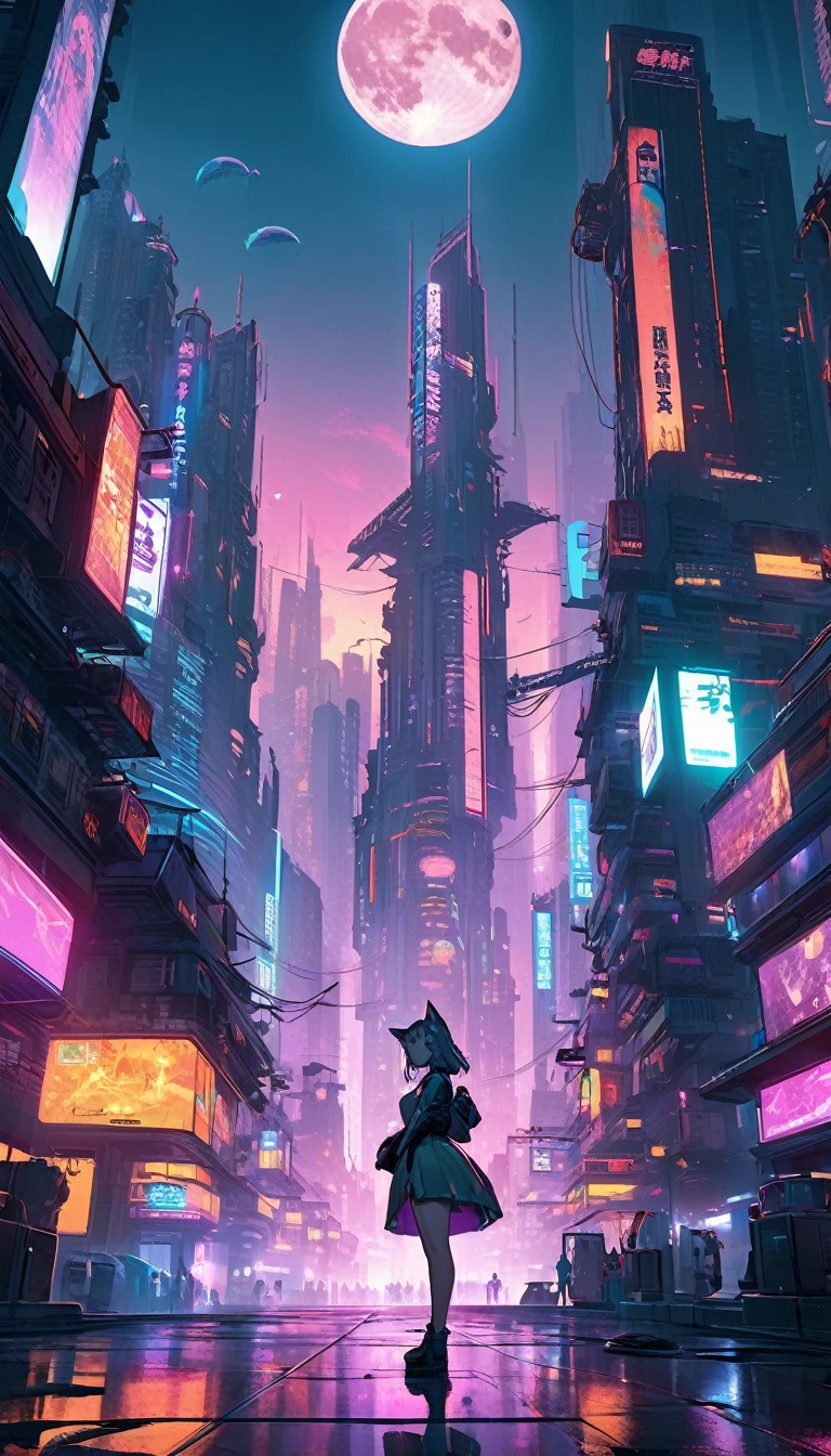 Future City,A cat girl wearing a cheongsam stands in the middle of a platform,No need to see the face,There is a huge moon ahead, In a future cyberpunk city, In the cyberpunk city, Cyberpunk art style, Digital Cyberpunk Anime Art, Future cyberpunk scene, Cyberpunk atmosphere, Beautiful cyberpunk city, cyberpunk blade runner art, Cyberpunk Dream, Cyberpunk Cityscape, In the cyberpunk city里, Arstation and beeple height