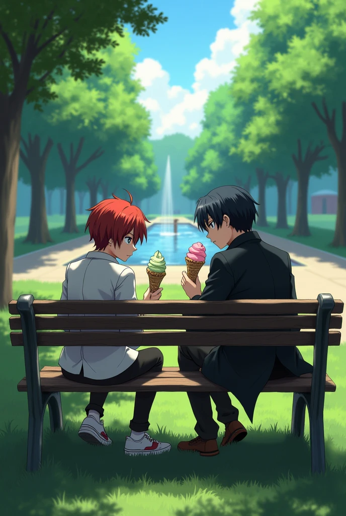 Two male teenagers are having a date in a very creepy and macabre cemetery. They are both sitting on a picnic blanket and have a picnic basket with various foods inside and some already on the common blanket are drinking white wine.. The male teenager on the right is a goth kid wearing a sweatshirt with skull designs. He has black hair and green eyes. He is wearing headphones with skull details. He wears black jeans and red shoes. The boy on the left has blonde hair and is wearing a pink and yellow sweatshirt.... blue pants and black shoes. Next to him is a huge dead tree with several crows. The two are sitting on a colorful red and white picnic blanket.... They are having a picnic in a very creepy cemetery. It&#39;s night and the cemetery has an eerie green mist and light the gravestones in the cemetery are quite spooky. The image should be anime style.