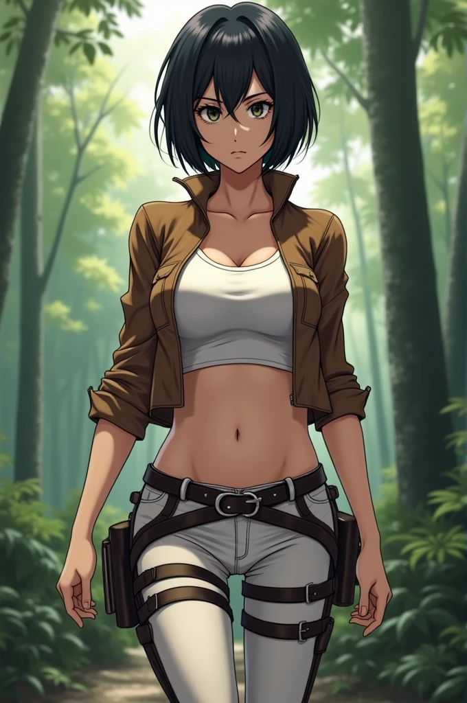 1girl, mikasa ackerman, solo, c cup breast, short black hair, exposed, full body, 170 cm height, wearing brown short jacket, white long denim with black belt, kneehigh boots, absurdress, woods background, masterpiece, very high resolution, ultra lighting, ultra quality, detailed picture, 8k