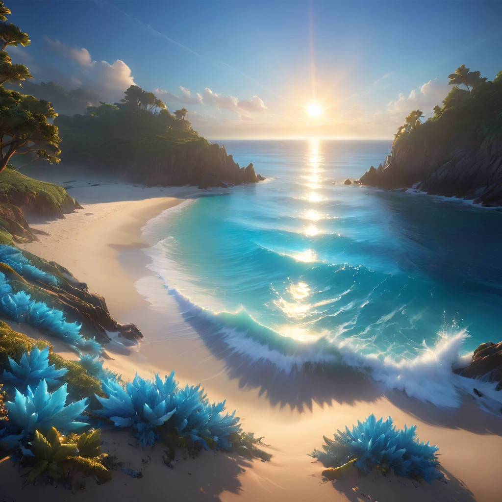 letitfourche,Coast glow blue,The wonderful blue coast,magical light,concept art,Depth of Field,original photo,Practical,Movie Lighting,Soft shadows,Clear focus,Fractal,rich and colorful,Depth of Field,best quality,16k resolution,Bright colors,Volumetric Lighting