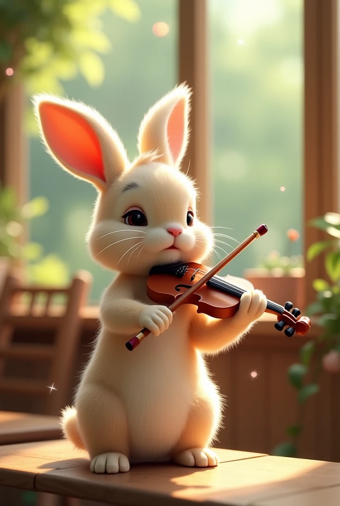 in the forest, Playing the violin, Animal rabbit, Cafe, Street view, ((1 baby rabbit:1.3)), (((There is no one:1.5))), (((People are not drawn:1.5))),Full HD, 詳細なbaby rabbit, ヴァイオリンを弾くbaby rabbitのイラスト, baby rabbit, baby, Volumetric Light, Ultra-realistic, Cute Chibi, Shallow depth of field, Pastel Color Palette, Soft lighting, Highly detailed drawing,バイオリンを弾くbaby rabbit,High Contrast,Photon Mapping,Glitter,lame,Sparkling,Flower,happiness