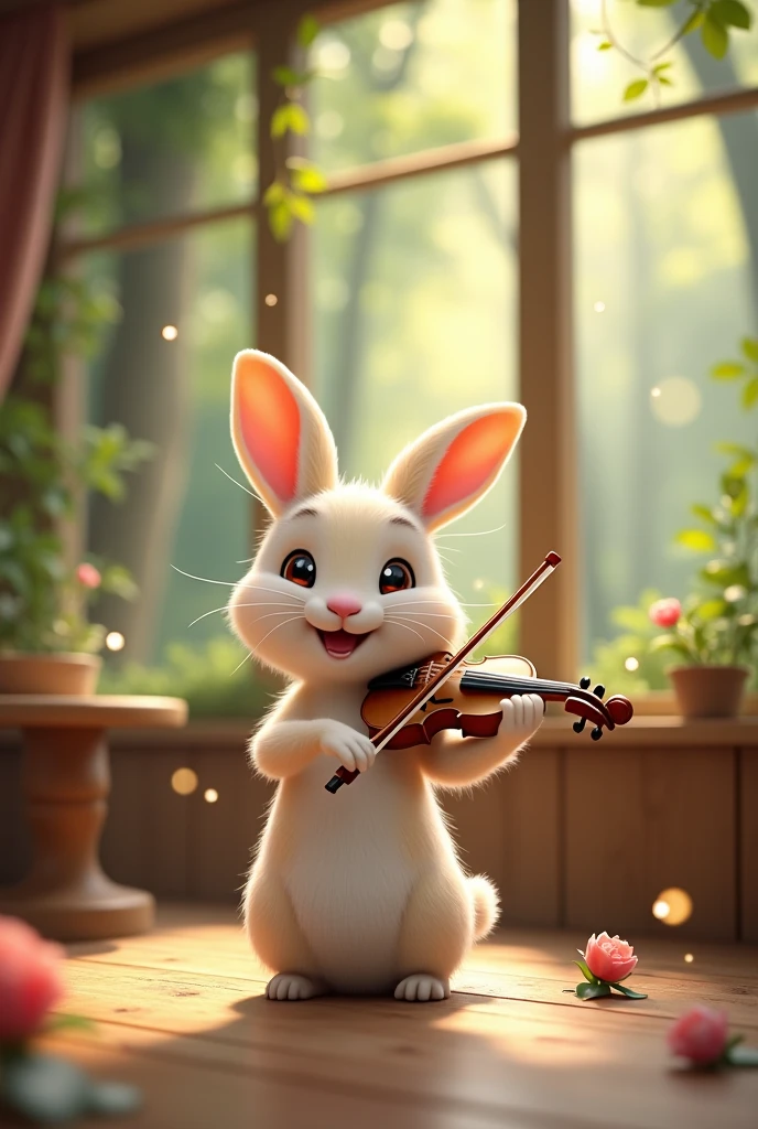 in the forest, Playing the violin, Animal rabbit, Cafe, Street view, ((1 baby rabbit:1.3)), (((There is no one:1.5))), (((People are not drawn:1.5))),Full HD, 詳細なbaby rabbit, ヴァイオリンを弾くbaby rabbitのイラスト, baby rabbit, baby, Volumetric Light, Ultra-realistic, Cute Chibi, Shallow depth of field, Pastel Color Palette, Soft lighting, Highly detailed drawing,バイオリンを弾くbaby rabbit,High Contrast,Photon Mapping,Glitter,lame,Sparkling,Flower,happiness