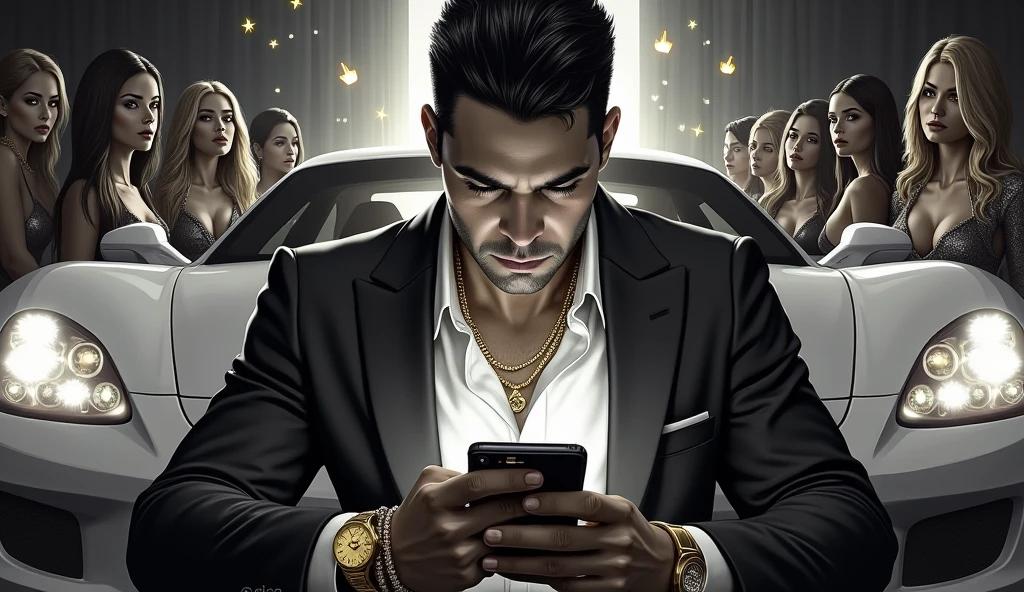 {
  "prompt": "A powerful thumbnail representing "ostentatiousness on social media", The image must be realistic and illustrative, mainly in black and white. Show a person with a gold necklace, a gold watch on his wrist, glasses, women around him, leaning against a luxury car, a hand holding a smartphone with several shining likes icons bouncing off the screen, as if seeking likes and validation . The person's face or expression should show obsession or despair. The entire image should be in black and white, but social media icons or the on-screen ‘Like’ button should be highlighted in vibrant colors to draw attention to the central theme.",
  "settings": {
    "style": "realistic and illustrative",
    "lighting": "high contrast",
    "detail_level": "high",
    "color_scheme": "black and white with a focal point in bright colors",
    "emphasis": "tiktok, instagram, facebook, youtube icons and the expression of the person",
    "size": "1280x720"
  }
}
